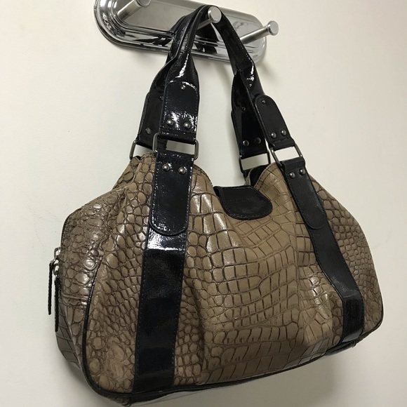 Nice Tan Reptile Textured Black Shine Accent Bag! - Picture 3 of 15